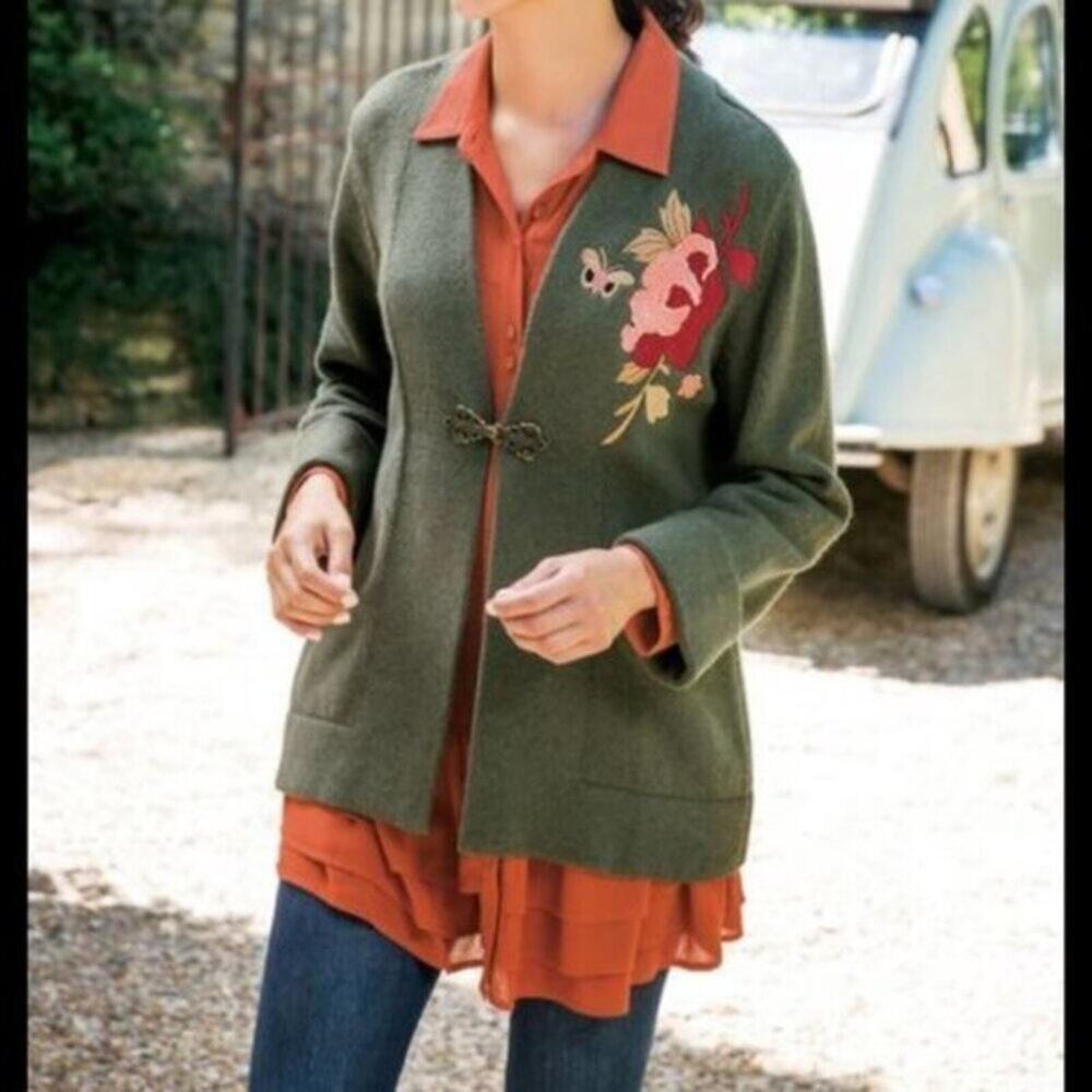 Soft Surroundings Green Embroidered Floral Okata Sweater Cardigan